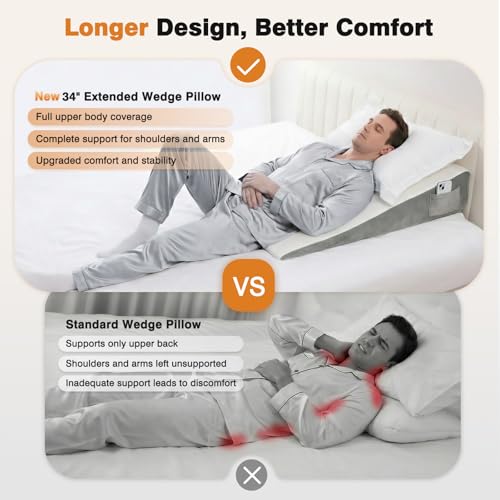 Extra-Long 34-Inch Body Wedge Pillow for Sleeping Support - White/Gray