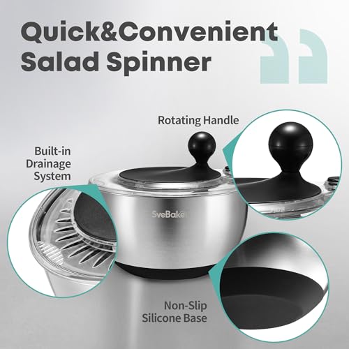 Black Stainless Steel Salad Spinner 5.3 Qt with Quick Dry & Stop - Easy Drain