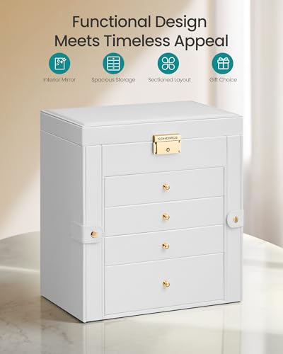 Jewelry Box Organizer 5 Tiers with Mirror & Lock - Cream White, 5-Layer