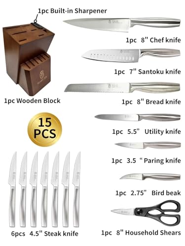 Japanese 15-Piece Knife Block Set with Built-In Sharpener, High Carbon Stainless Steel, Wooden - Wooden / 15 Pcs