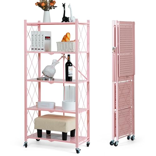 Pink 5-Tier Foldable Metal Storage Shelves on Wheels - Heavy Duty Organizer