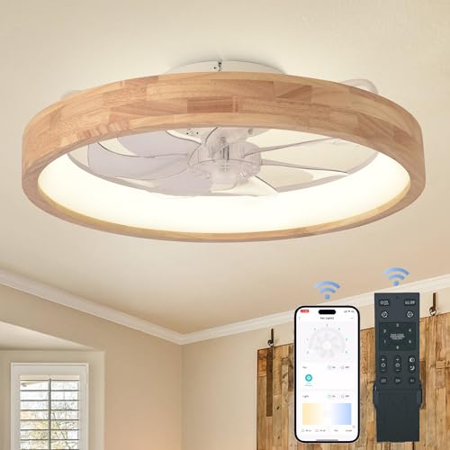 Modern 20-Inch Wooden Flush Mount Ceiling Fan with Lights & Remote - Wood-SM-FSD