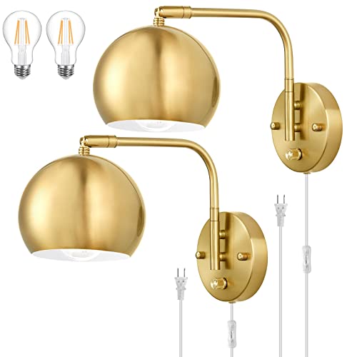 VATONI 2 Pack Gold Dimmable Wall Sconces with Plug-in Cord & Knob Switch, Swing Arm, Globe Lights for Bedroom Hallway