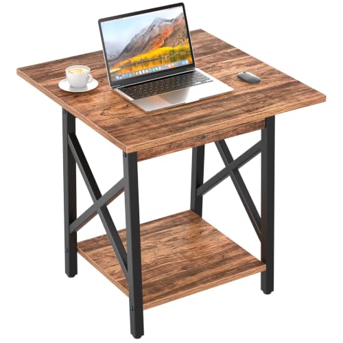 Walnut 24 Inch Square End Table with X-Frame and Two-Tier Storage