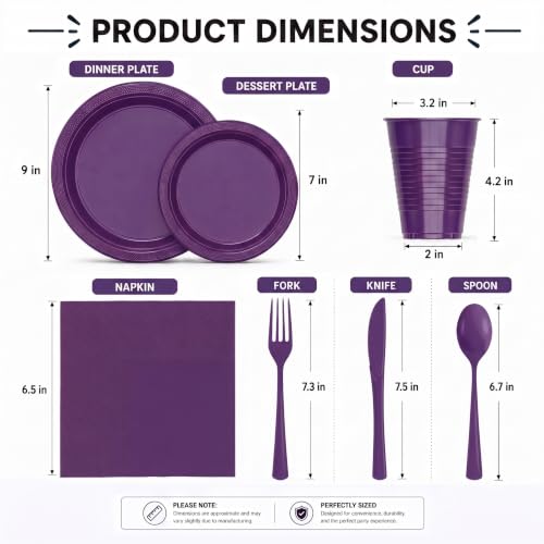 Purple Disposable Party Plates Set - 50 Dinner, 50 Appetizer & Cups with Napkins & Utensils - Variation of THIS listing