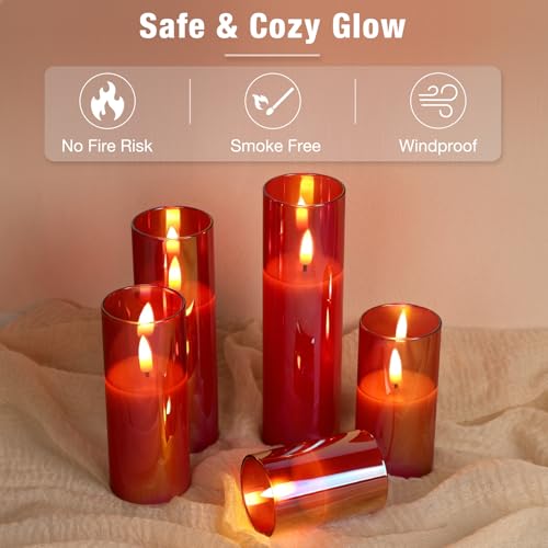 Red Glass Flameless Pillar Candles with Remote (Set of 5) Eywamage
