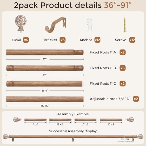White Wood Boho Curtain Rod 36-91 Inch Pack of 2 Adjustable Window Rods