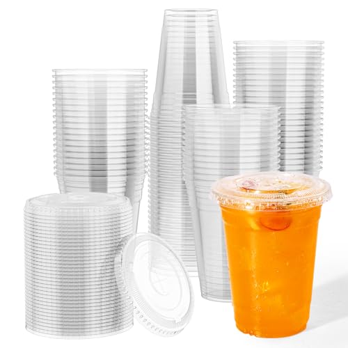 16oz Plastic Cups with Lids - Clear 500 Pack, Disposable PET Drinkware