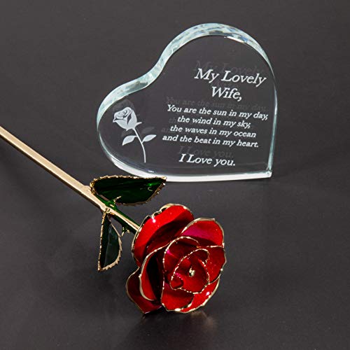 Wife Gift Valentine's Day Wooden Gift Set with Engraved Heart & Gold Dipped Rose - Wife Variation