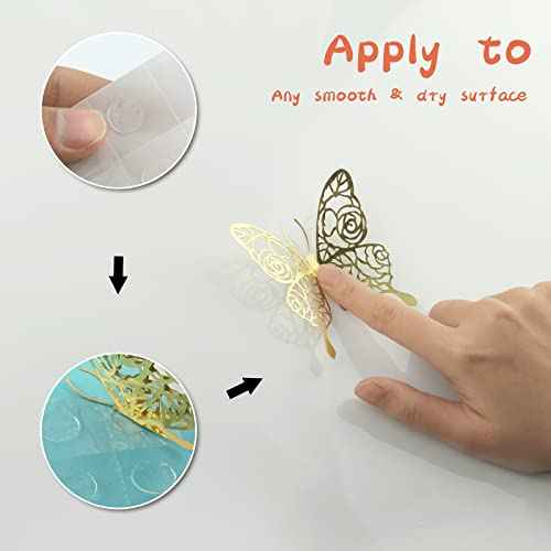 iinuu Gold Butterfly Wall Decor Stickers, 60pcs Golden Butterfly Birthday Party Decorations Butterfly Cake Decorations for Baby Shower Bday Wedding Christmas 3D Paper Butterflies Girls Bedroom Decor