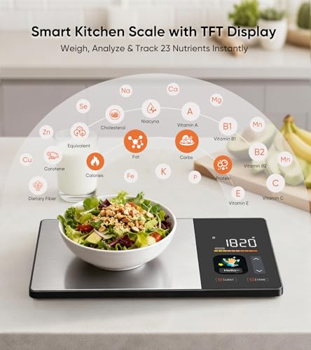KUAIVO Black Food Scale with Nutritional Calculator, TFT Display, 23 Nutrients