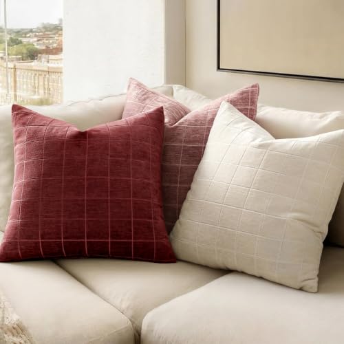 MIULEE Burgundy Plaid Throw Pillow Covers Set of 2, 18x18 Inches, Decorative Home Accent
