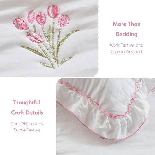 Pink Floral Ruffle Quilt Set - Queen Size, 3 Pieces, Microfiber Bedding