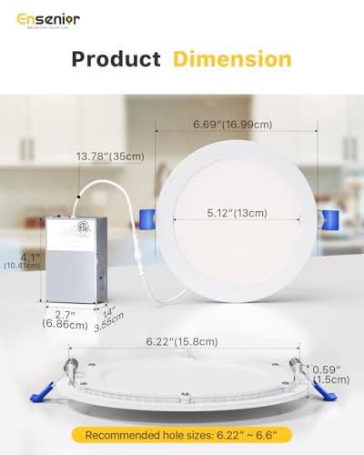 Ensenior 6 Inch LED Recessed Ceiling Light - 6000K, 1200LM, 12W, IC Rated, Dimmable, Pack of 12