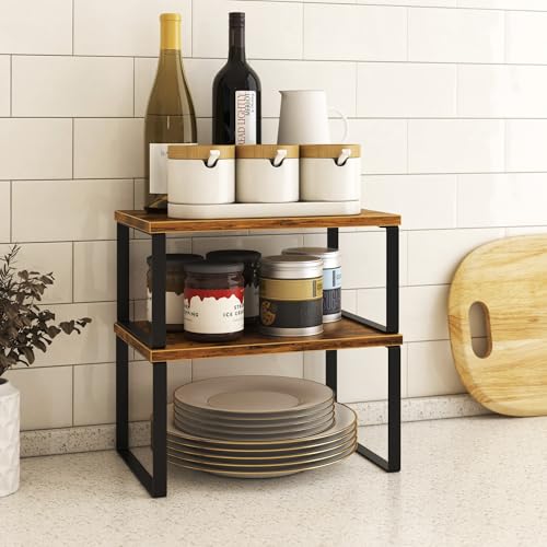 Kitchen Cabinet Organizer Shelf Set of 4 Rustic Brown Stackable Expandable Wood Spice Racks