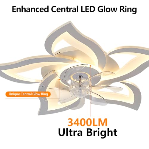 Ruibutrade 24'' White Flower Ceiling Fan with Lights Remote Control, Dimmable LED, 6 Speeds