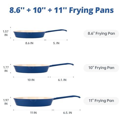 Enamel Cast Iron Skillet Set 3 Pieces Nonstick Heavy-Duty Frying Pans - Blue