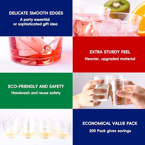 Disposable Clear Plastic Cups 10 oz - Pack of 200 - Elegant & Durable