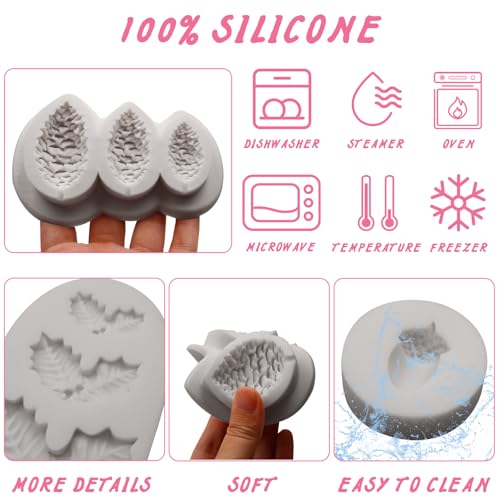Christmas Pine Cone and Holly Leaves Silicone Molds Set, Winter Leaves Fondant Chocolate Candy Molds for Cake Decorating