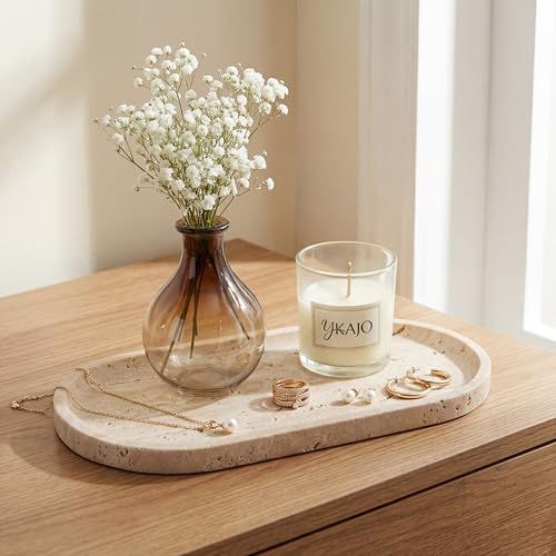 Natural Travertine Beige Oval Marble Tray - 11.8 x 5.9 Vanity Organizer - Variation of Natural Travertine Beige / 11.8" x 5.9"