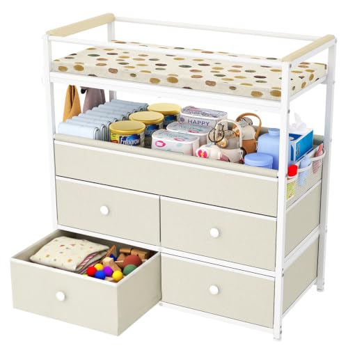 Baby Changing Table Dresser with Safety Bumpers & 4 Drawers - Stable Nursery Furniture