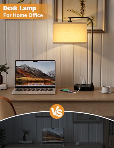 20.7 Inch Dimmable Nightstand Table Lamp with USB & Outlet - Beige Shade & Black Base