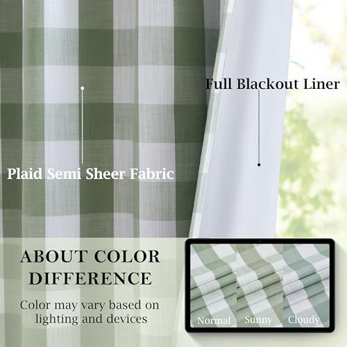 84 Inch Sage Green Buffalo Plaid Blackout Curtains - Pack of 2, 40"W x 84"L