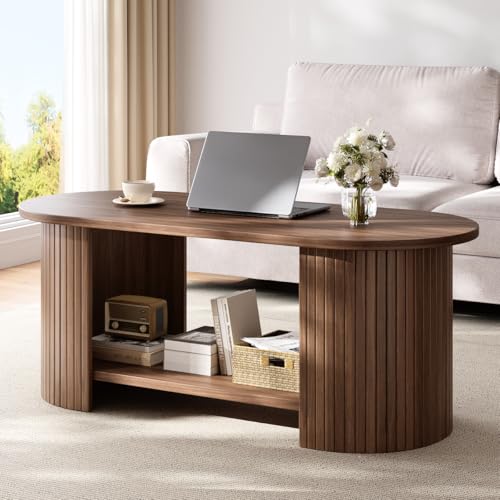 Walnut 42-Inch Oval Fluted Coffee Table with Two-Tier Storage - Mid-Century Modern Wood