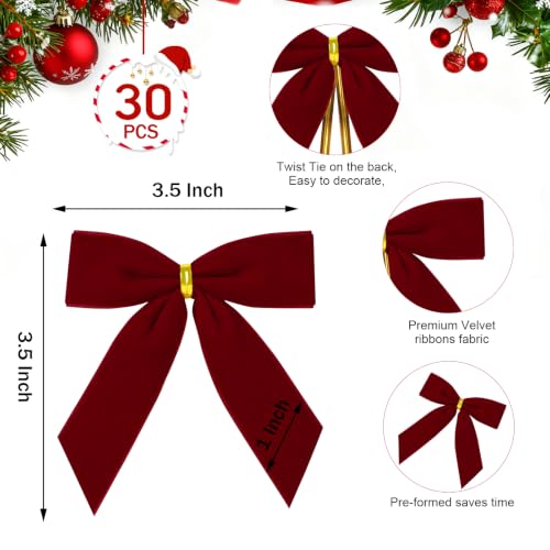 SBZYHYCJ Burgundy Velvet Christmas Bows 3.5x3.5 Inch, 30 Pack Holiday Decor