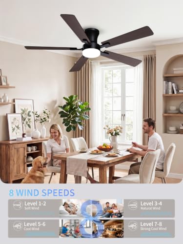 Black 52 Inch Low Profile Ceiling Fan with Light Remote Control - Modern Flush Mount