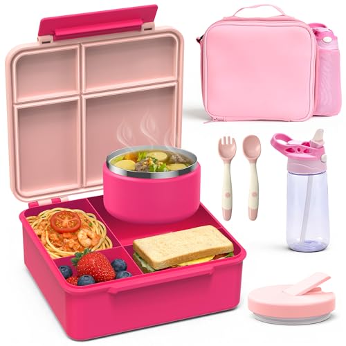 Kids Bento Lunch Box Set - Pink with 4-Compartment Food Container, Insulated Food Jar, Water Bottle & Accessories