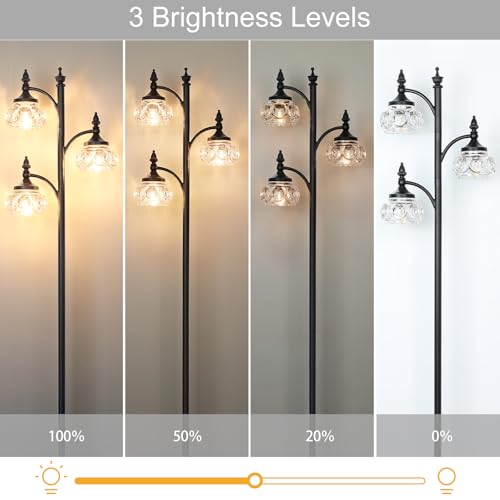 Black Floor Lamp with 3 Rotatable Glass Shades, Dimmable Tall Standing Lamp for Living Room & Bedroom