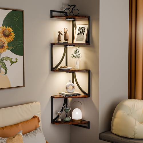 HAAYOT Curved Frame Corner Shelf Wall Mounted with Lights - 5-Tier Floating Metal Shelves, Rustic Brown