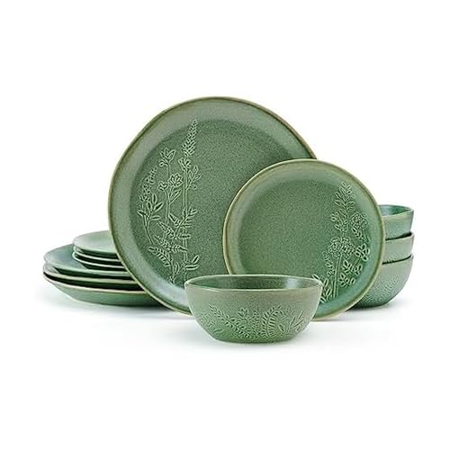 12-Piece Dinnerware Set Service for 4 - Green Floral Stoneware