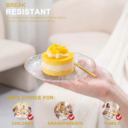 Clear Gold Dessert Plates with Forks Set - 6 Inch Hammered Plastic Party Plates & Gold Forks, Elegant Disposable Dinnerware for Weddings & Events
