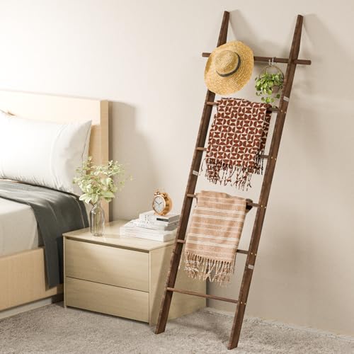 Dark Brown Farmhouse Wooden Blanket Ladder 6-Tier with Removable Hooks