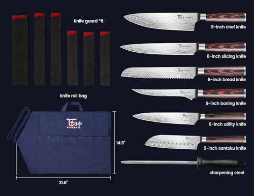 Blue Chef Knife Set with Roll Bag - 14-Piece Japanese Stainless Steel Kitchen Knives, Pakkawood Handles for Travel & Gift