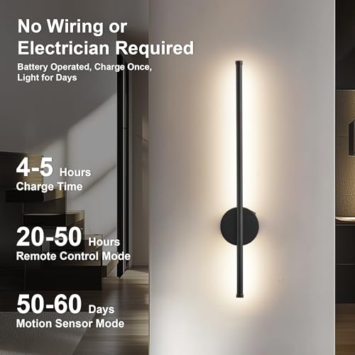 Black 23.6 Inch Motion Sensor Wall Sconce Battery Operated Dimmable 3CCT