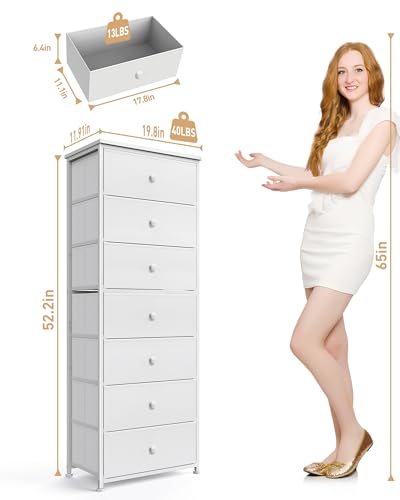 White Tall Fabric Dresser with 7 Large Drawers, Vertical Storage Tower for Bedroom & Closet