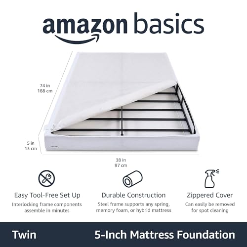 Twin 74" x 38" x 5" Sturdy Mattress Foundation Box Spring Bed Base - White, Tool-Free Assembly