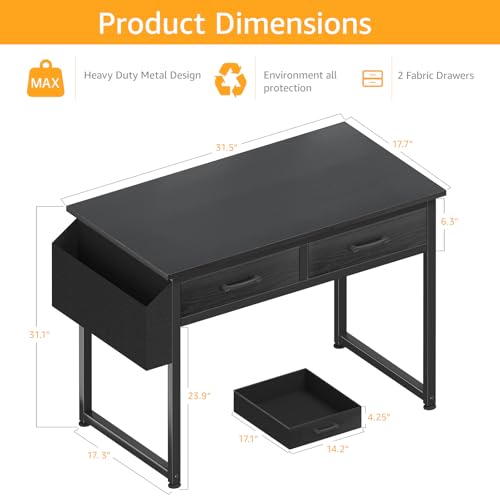 DLisiting 32 Inch Small Computer Desk with Drawers - Black, Space Saving Student & Gaming Table