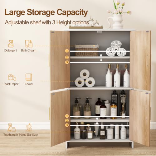 Tltaroni White Bathroom Storage Cabinet - Tall Freestanding with 4 Fluted Doors & Adjustable Shelves, Modern Wooden Design