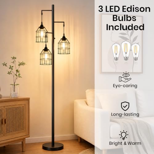 Sucolite 70-Inch Matte Black Floor Lamp with 3 Dimmable LED Bulbs for Living Room