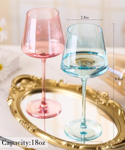 Physkoa Multicolor 16oz Hand Blown Crystal Wine Glasses Set of 6 with Long Stems