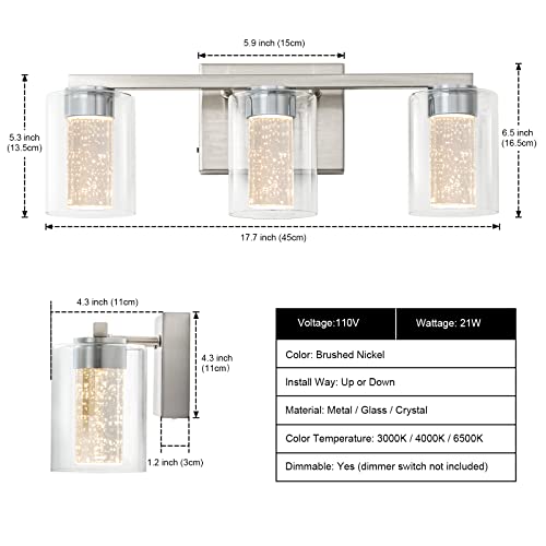 SineRise 3-Light Vanity Light Brushed Nickel with 3 Color Modes, Dimmable LED Bathroom Fixture