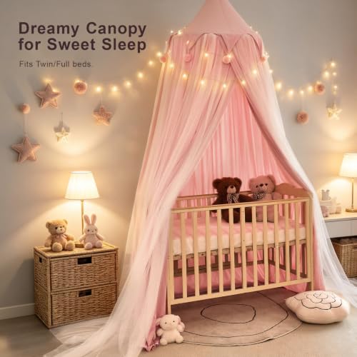 Twyvoka Princess Bed Canopy for Girls with Star Lights, Blush, 25.6"W x 106"L, Twin & Full Bed Size
