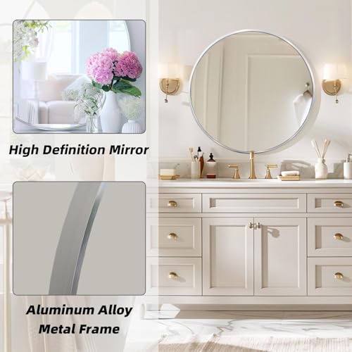Round Bathroom Mirror 30x30 Inches Silver Wall Mirror with Metal Frame - Variation of Silver / 30L x 30W / 1