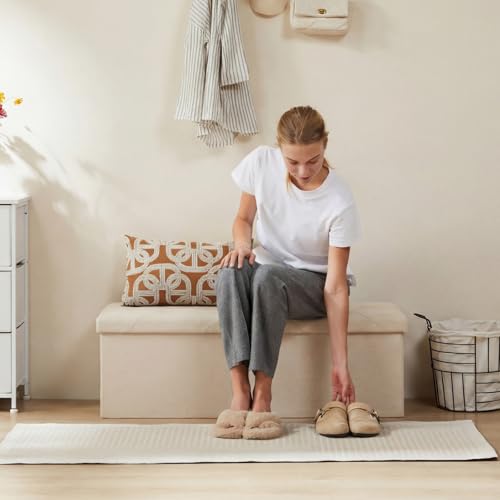 43-Inch Folding Storage Ottoman Bench with Linen Fabric - Soft Beige