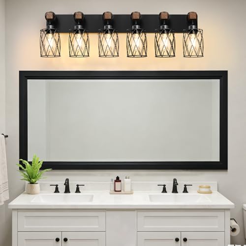 Black Farmhouse Bathroom Vanity Light 6-Light Wood & Metal Fixture Over Mirror - Rustic Style