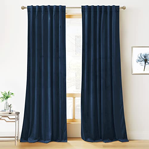 RYB HOME Navy Blue Velvet Blackout Curtains 52 x 96 Inches - Pack of 2, Bedroom & Living Room